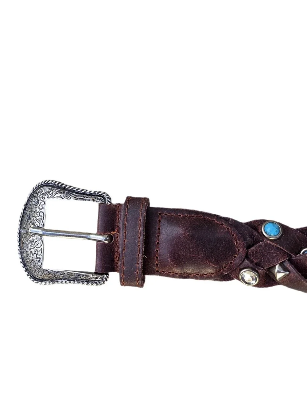 Western Festival Braided Brown Leather Belt  Studded Faux Turquoise Crystal LG